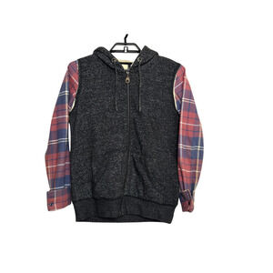 Womens O'Neill Plaid Hoodie Size Medium Full Zip Gray Sherpa Lined Jacket